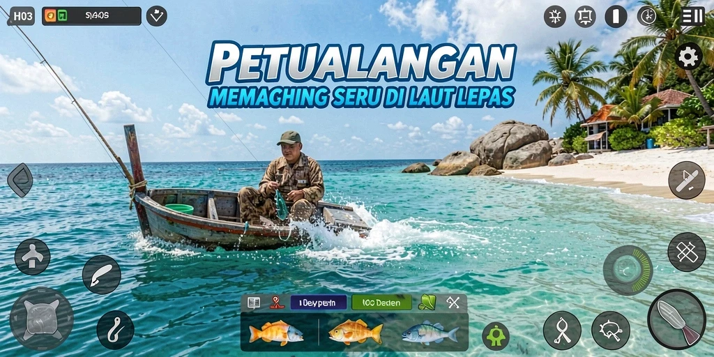 Tampilan gameplay H03 yang menampilkan momen menangkap ikan.
