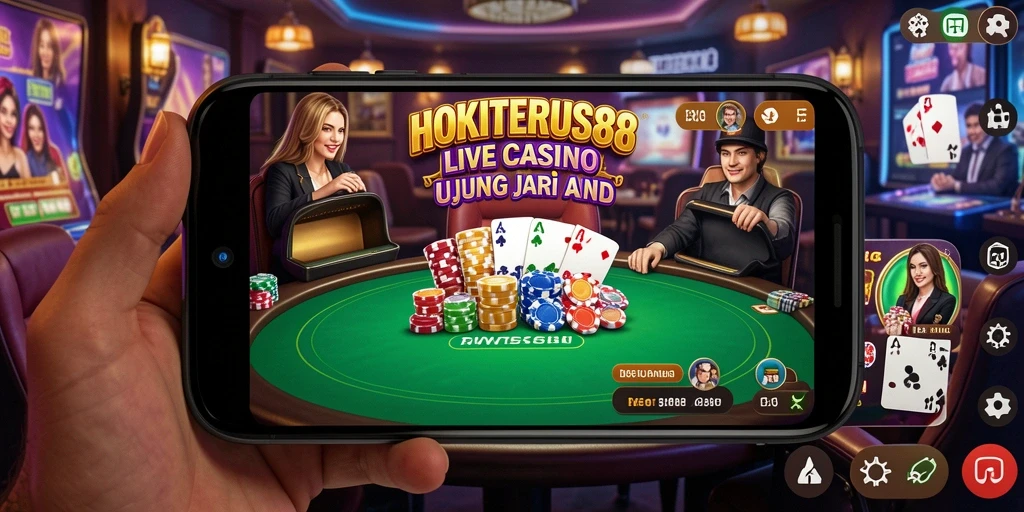 Screenshot HOKITERUS88 menampilkan dealer langsung dan meja permainan yang menegangkan.