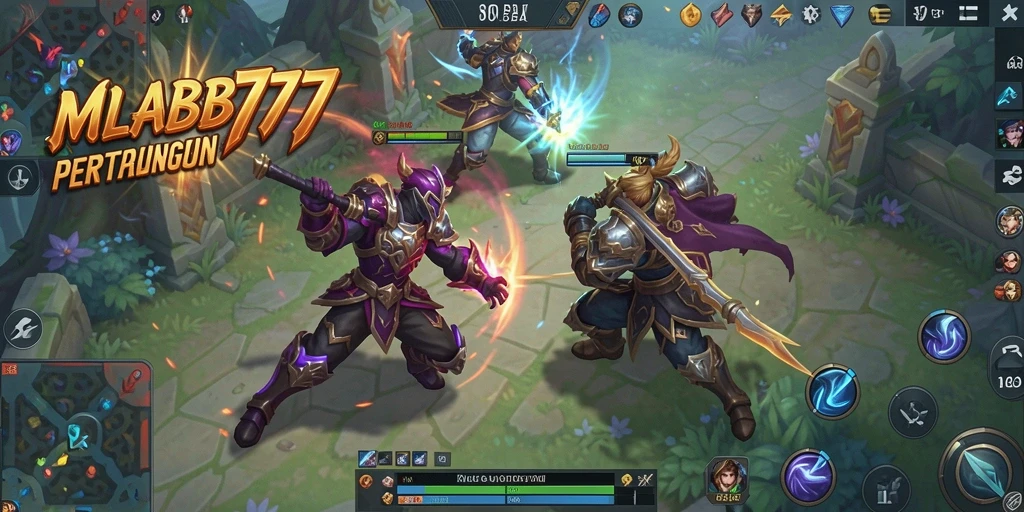 Screenshot gameplay MLBB777 menunjukkan pertempuran tim yang seru.